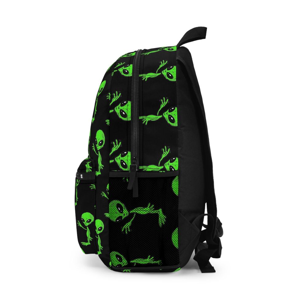 Friendly Green Waving Alien UFO Outer Space Pattern Backpack Bookbag, Back to School