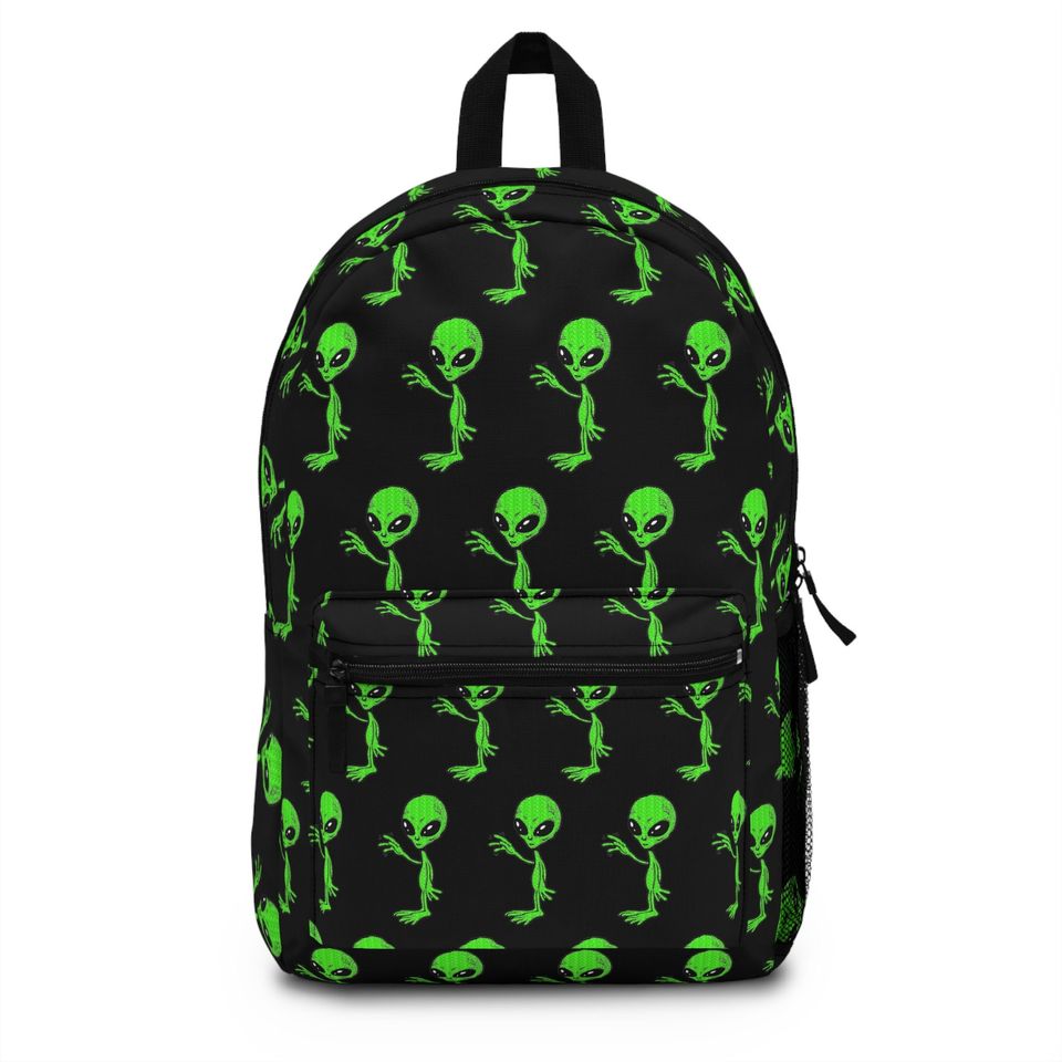 Friendly Green Waving Alien UFO Outer Space Pattern Backpack Bookbag, Back to School