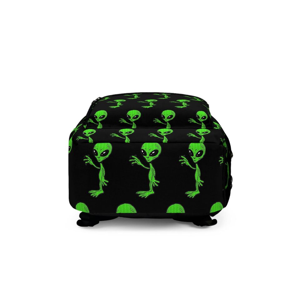 Friendly Green Waving Alien UFO Outer Space Pattern Backpack Bookbag, Back to School
