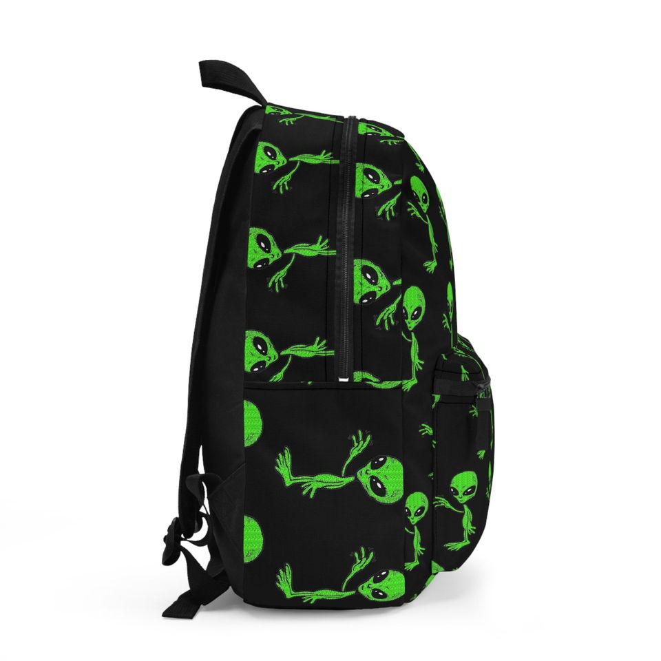 Friendly Green Waving Alien UFO Outer Space Pattern Backpack Bookbag, Back to School