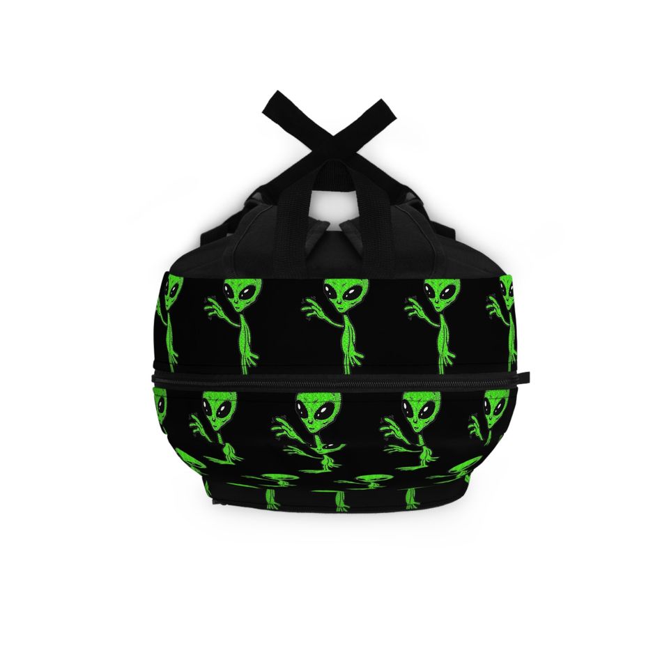 Friendly Green Waving Alien UFO Outer Space Pattern Backpack Bookbag, Back to School