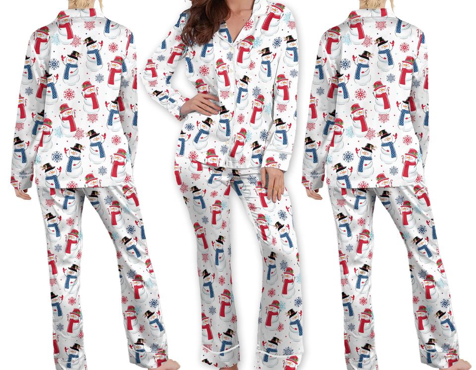 Cute Snowman and Snowflakes Christmas Pajama Set Women, Christmas Doodles Pajamas Set,Christmas Vibes Pjs Set for Women,Holiday Gift for Her