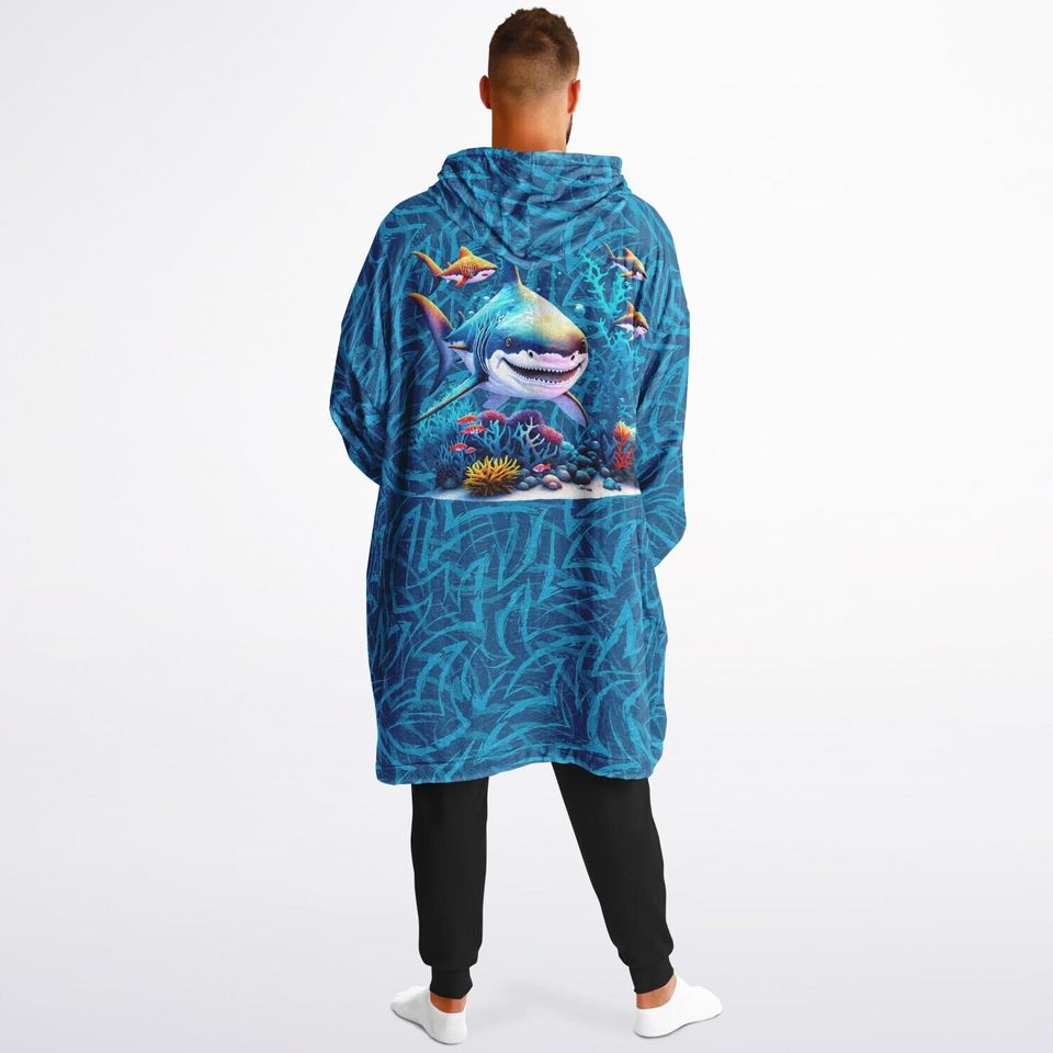 Shark Snuggle Hoodie- Microfiber Hooded Blanket Pullover Great White Shark Swimming For Your Favorite Shark Fan, Ominous Shark Warm Hoodie
