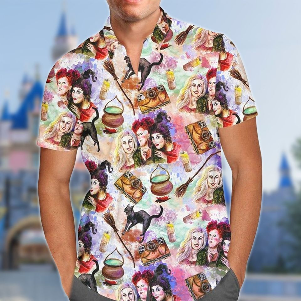 Sanderson Sisters Halloween Night Aloha Summer Beach Shirt, Button Up Short Sleeves Hawaiian