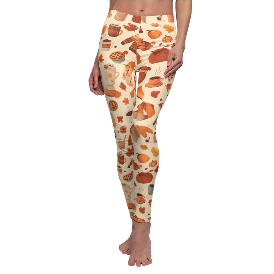 Thanksgiving Themed Women’s Leggings with Pumpkin and Leaf Pattern