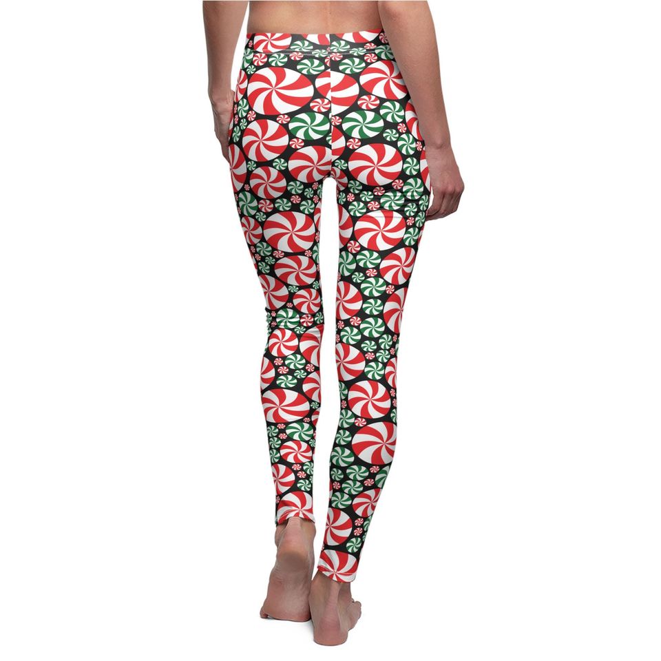 Red and Green Peppermint  Leggings in black