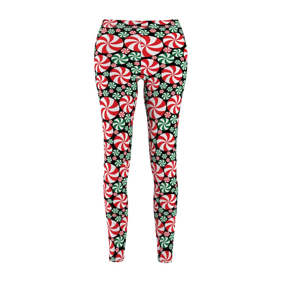 Red and Green Peppermint  Leggings in black