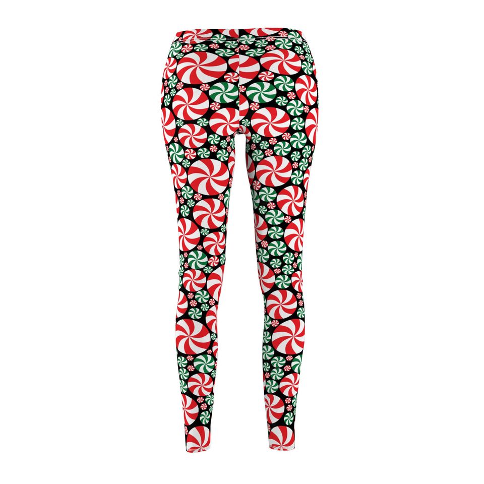 Red and Green Peppermint  Leggings in black