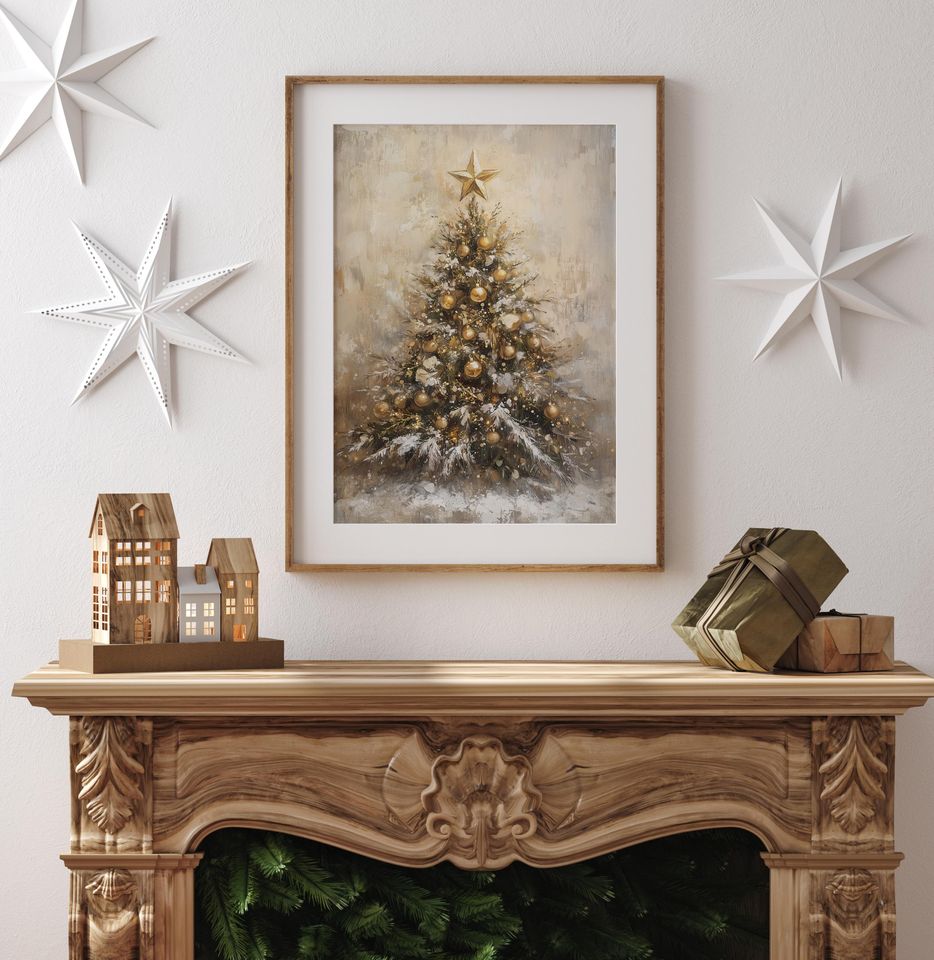 Vintage Golden Christmas Tree Vertical Poster, Rustic Holiday Wall Art