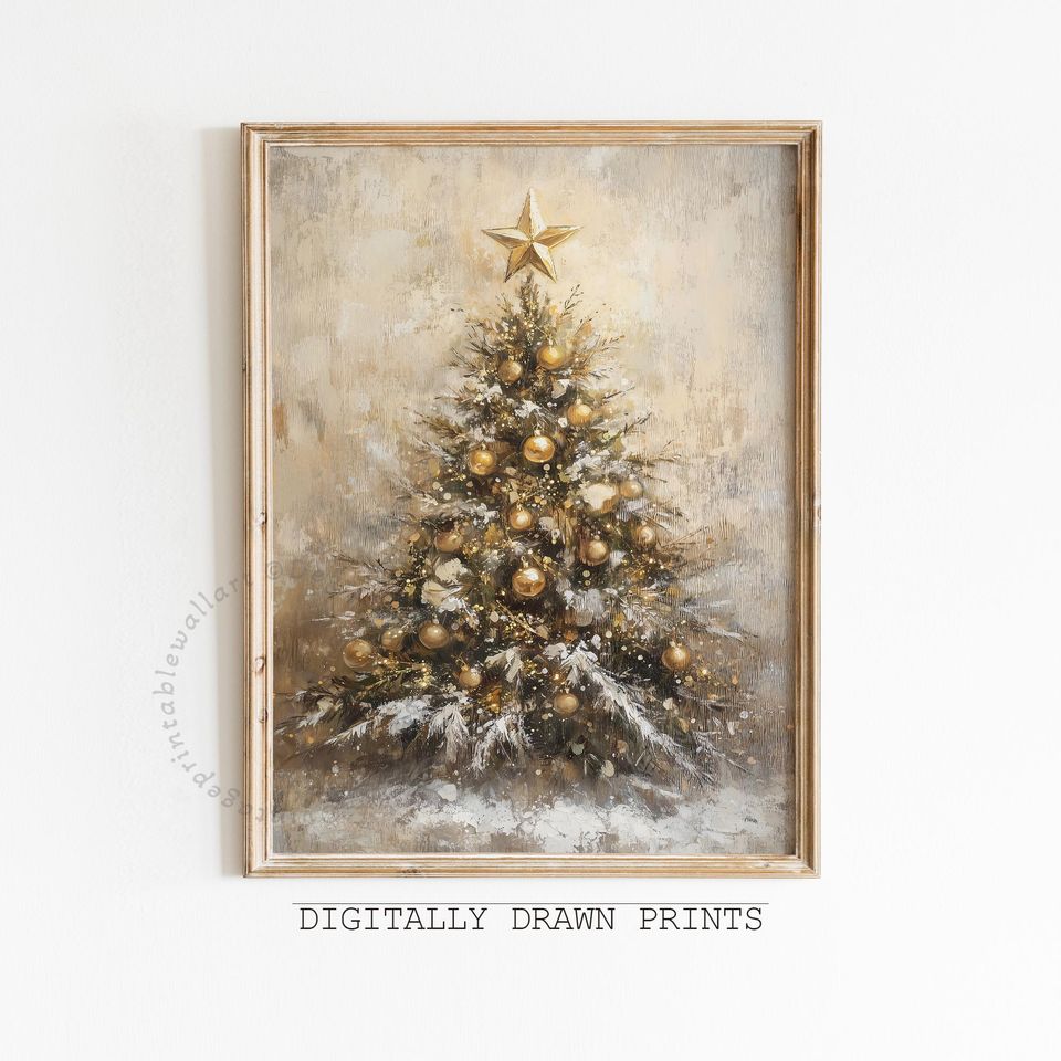 Vintage Golden Christmas Tree Vertical Poster, Rustic Holiday Wall Art