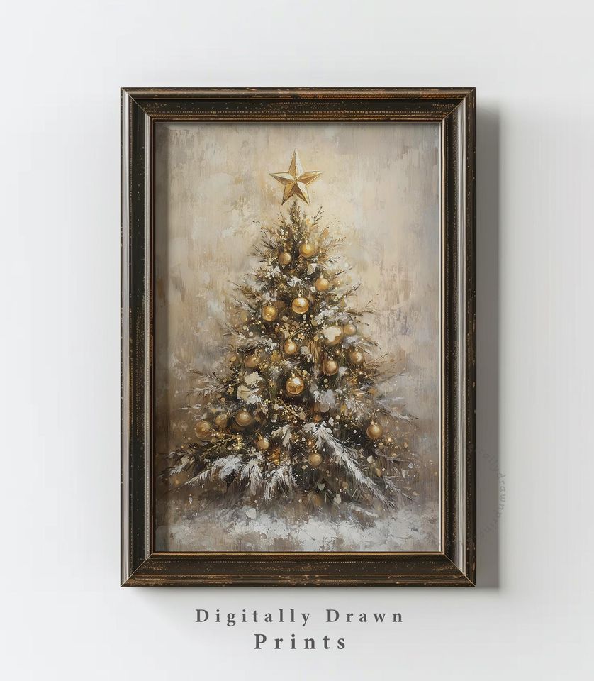 Vintage Golden Christmas Tree Vertical Poster, Rustic Holiday Wall Art