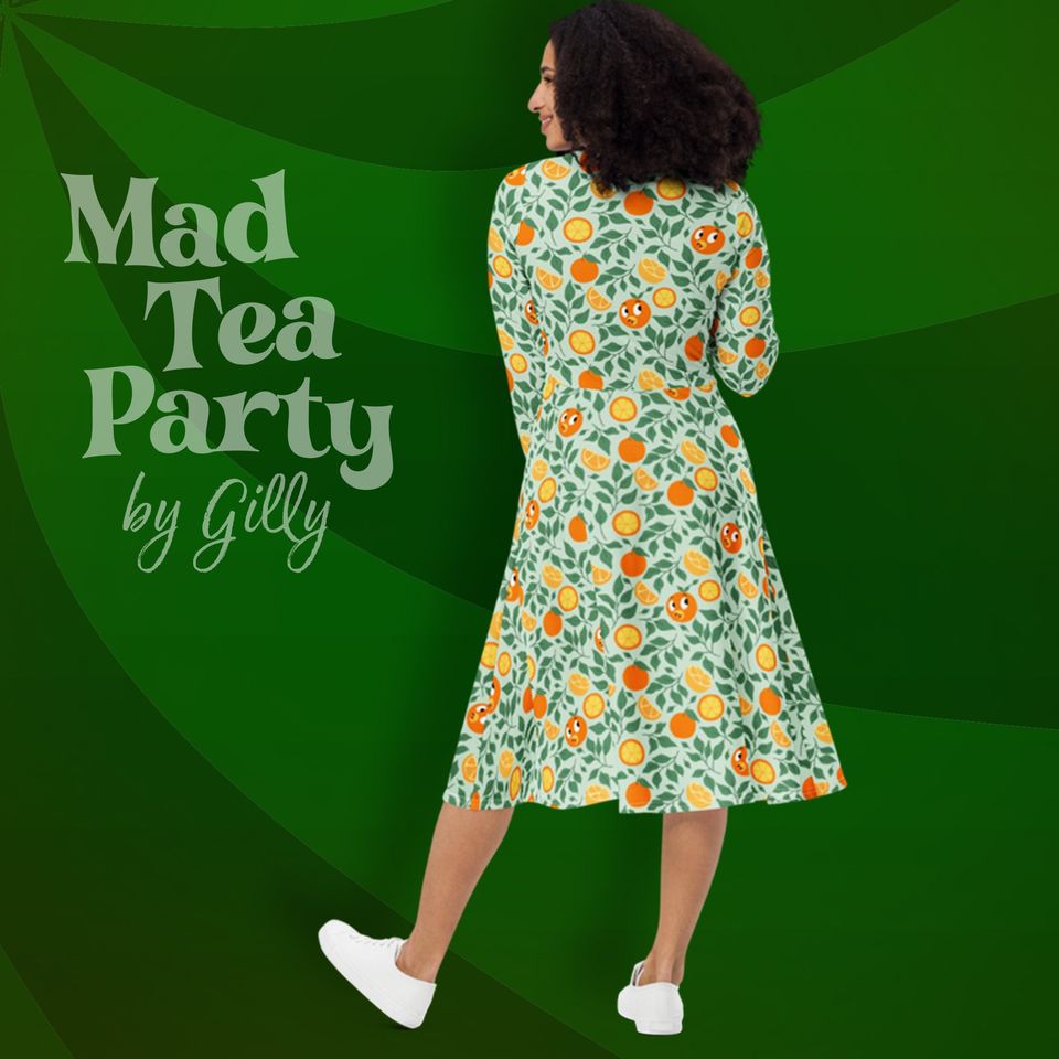 Orange bird long sleeve midi dress with pockets