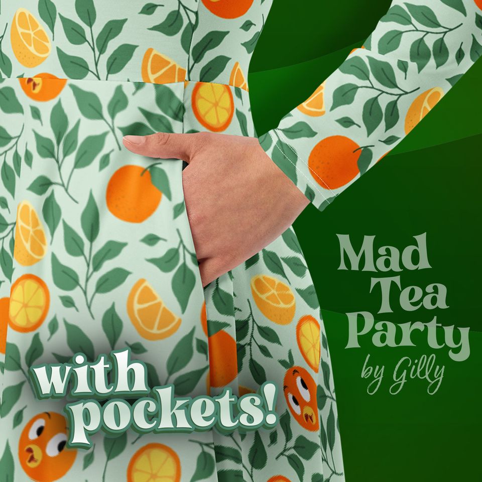 Orange bird long sleeve midi dress with pockets