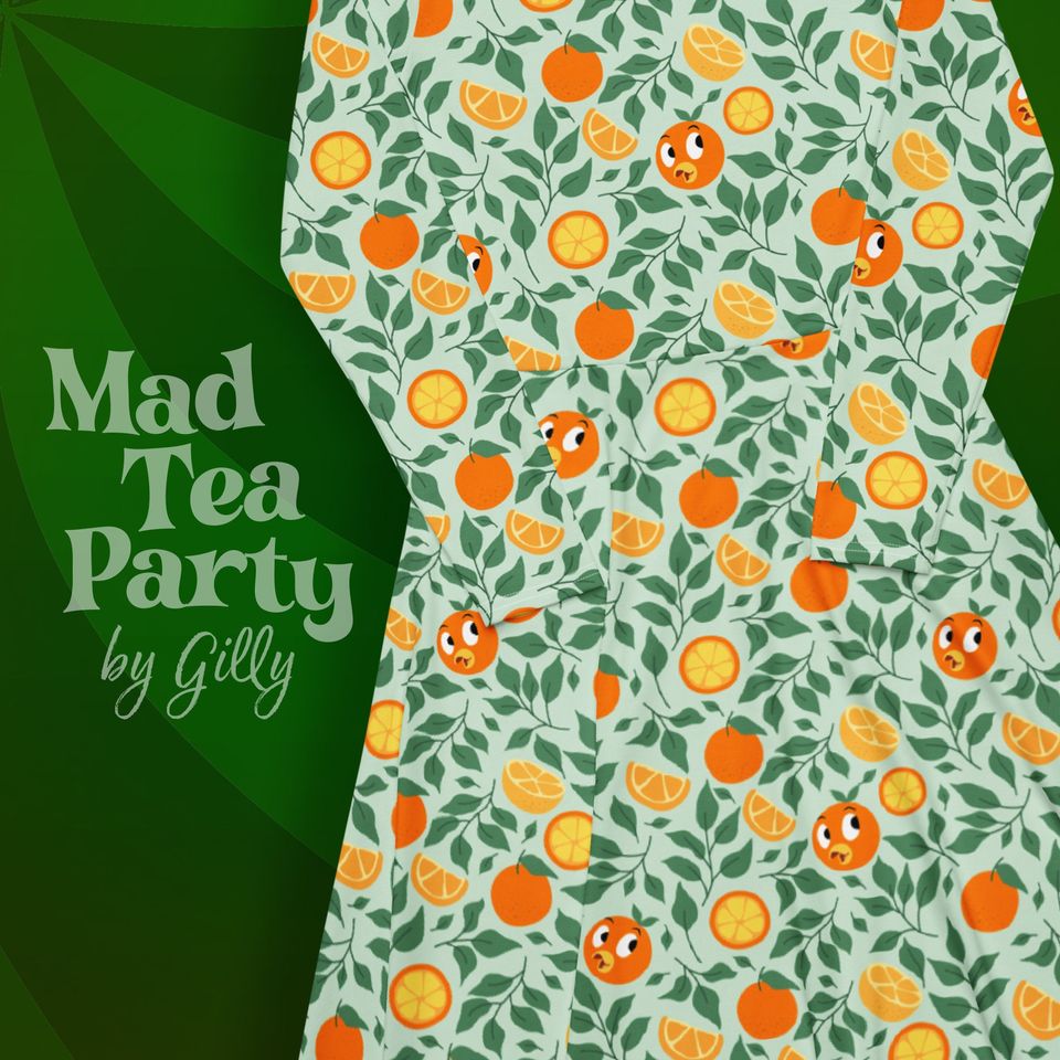 Orange bird long sleeve midi dress with pockets