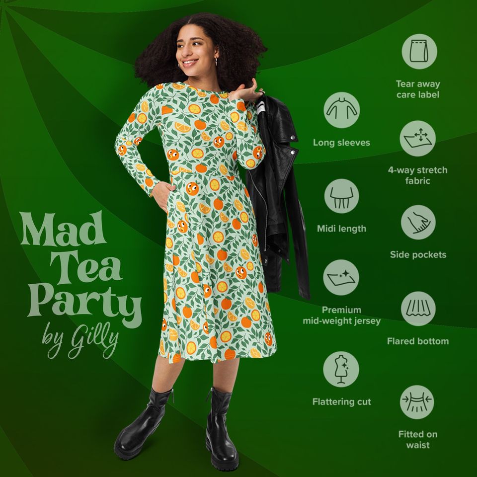 Orange bird long sleeve midi dress with pockets