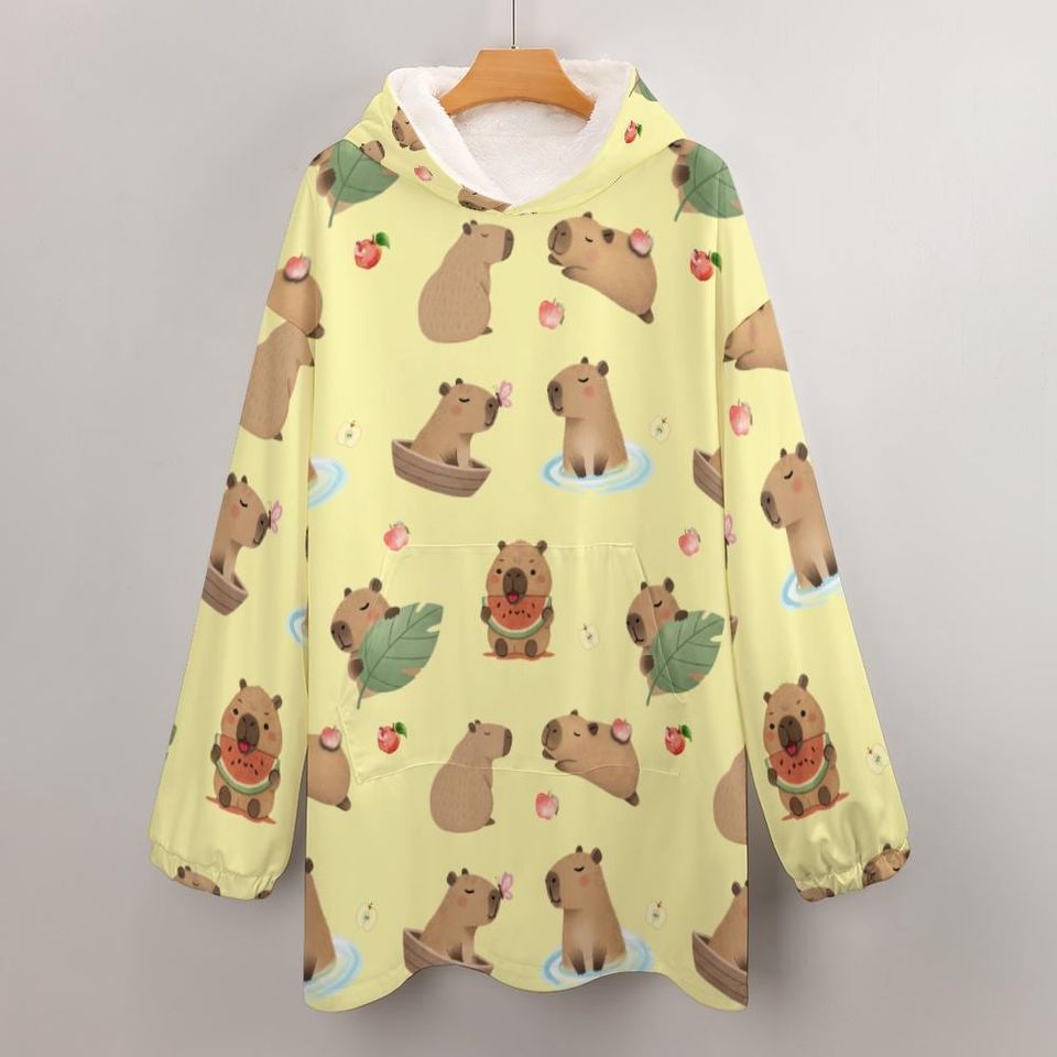 Kawaii Capybara Hoodie Blanket: Wearable Holiday Fall Blanket with Kangaroo Pocket