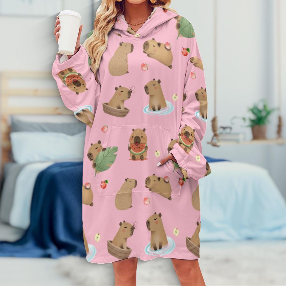 Kawaii Capybara Hoodie Blanket: Wearable Holiday Fall Blanket with Kangaroo Pocket