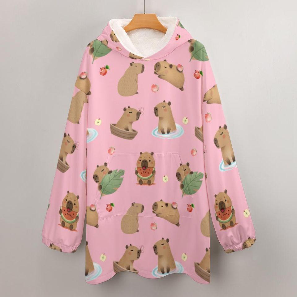 Kawaii Capybara Hoodie Blanket: Wearable Holiday Fall Blanket with Kangaroo Pocket