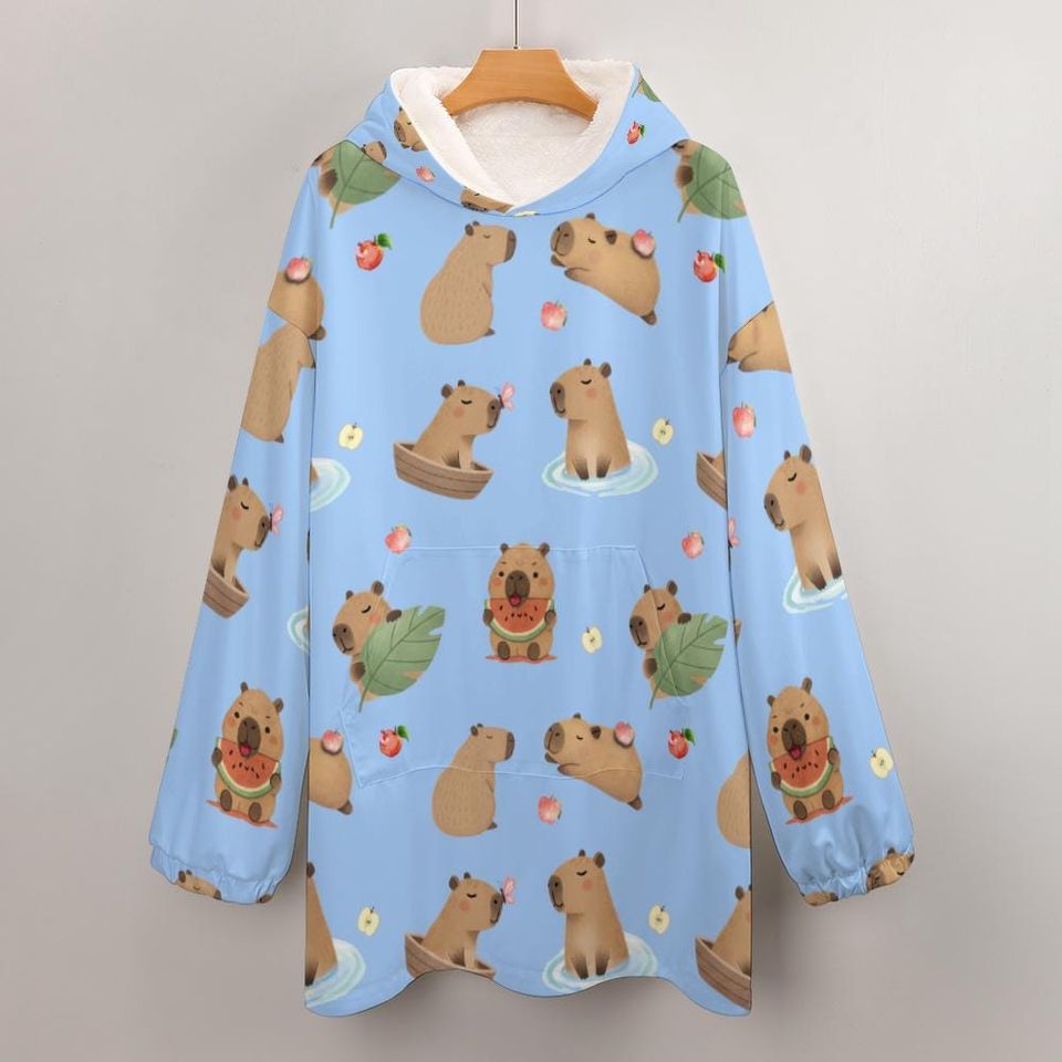 Kawaii Capybara Hoodie Blanket: Wearable Holiday Fall Blanket with Kangaroo Pocket
