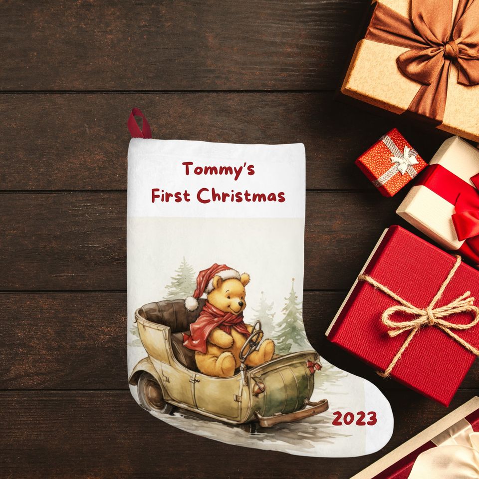 Personalized Winnie the Pooh Christmas Stocking: Baby's First Christmas, Burlap