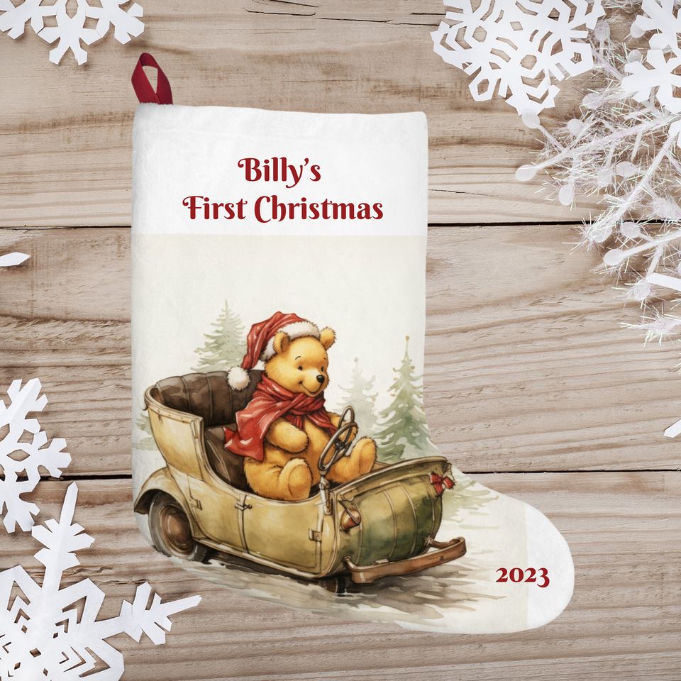 Personalized Winnie the Pooh Christmas Stocking: Baby's First Christmas, Burlap