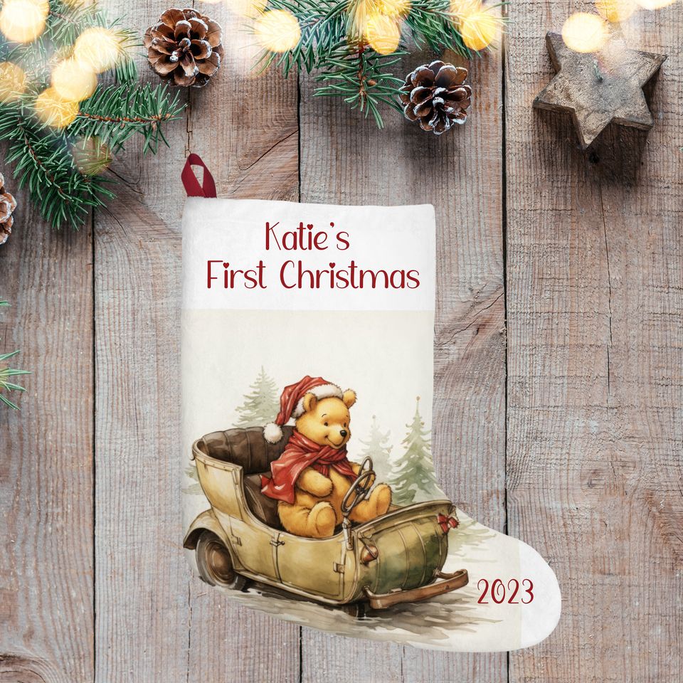 Personalized Winnie the Pooh Christmas Stocking: Baby's First Christmas, Burlap