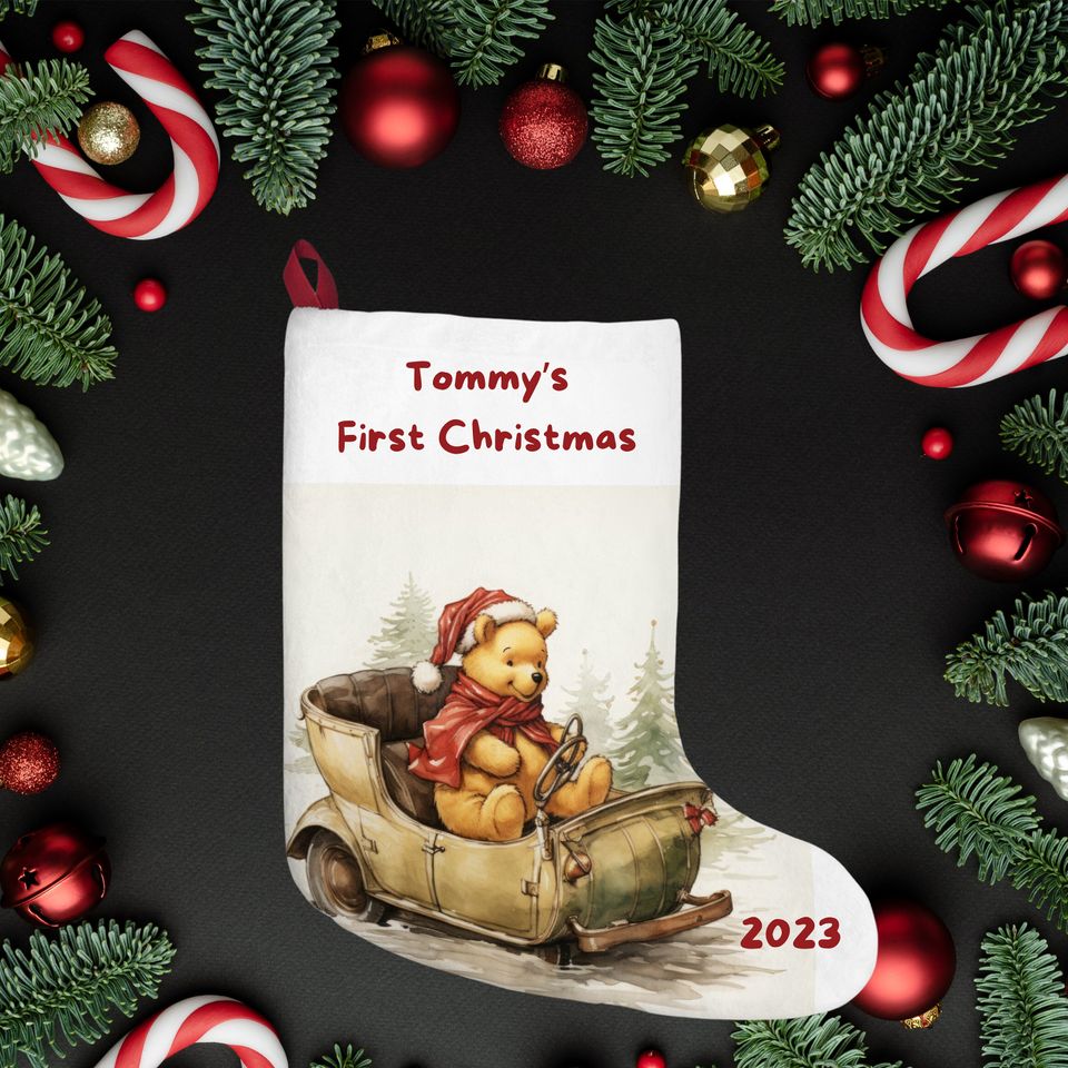 Personalized Winnie the Pooh Christmas Stocking: Baby's First Christmas, Burlap