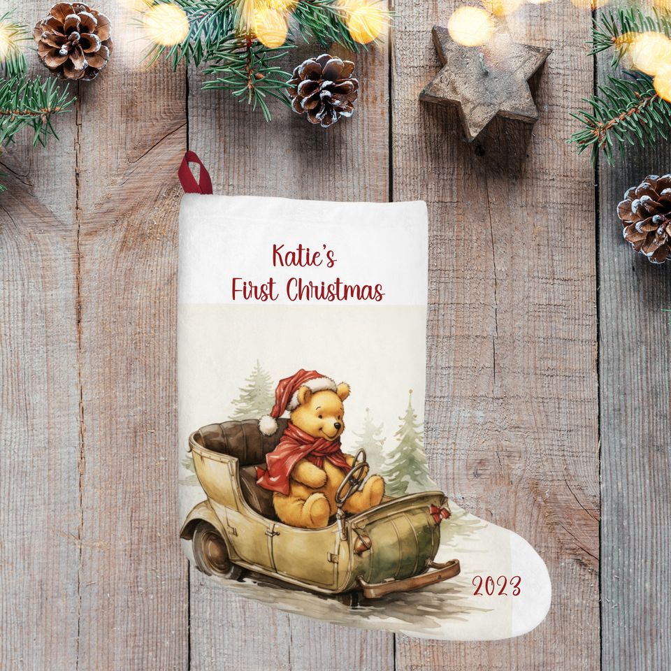 Personalized Winnie the Pooh Christmas Stocking: Baby's First Christmas, Burlap