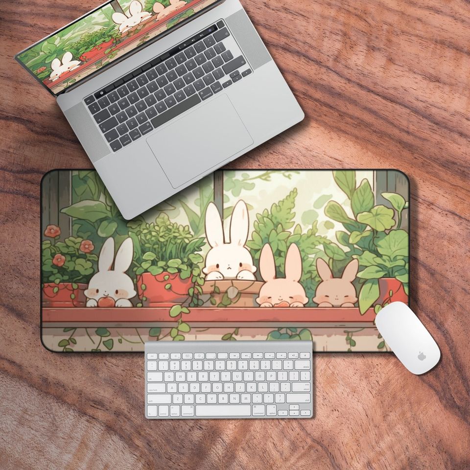 Lofi Desk Mat, Kawaii Bunny Desk Pad, Neutral Gaming Mouse Pad