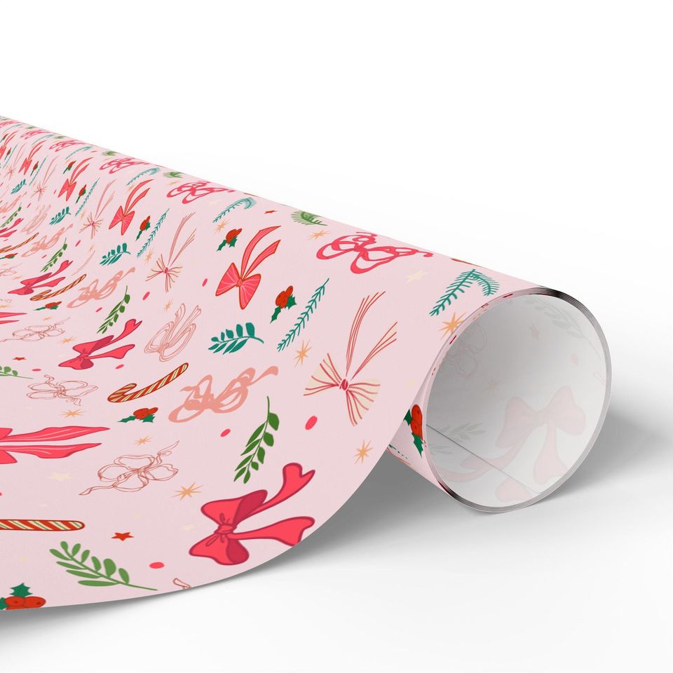 Pink Holiday Bows Wrapping Paper, Ribbon Pattern, Floral Sprigs