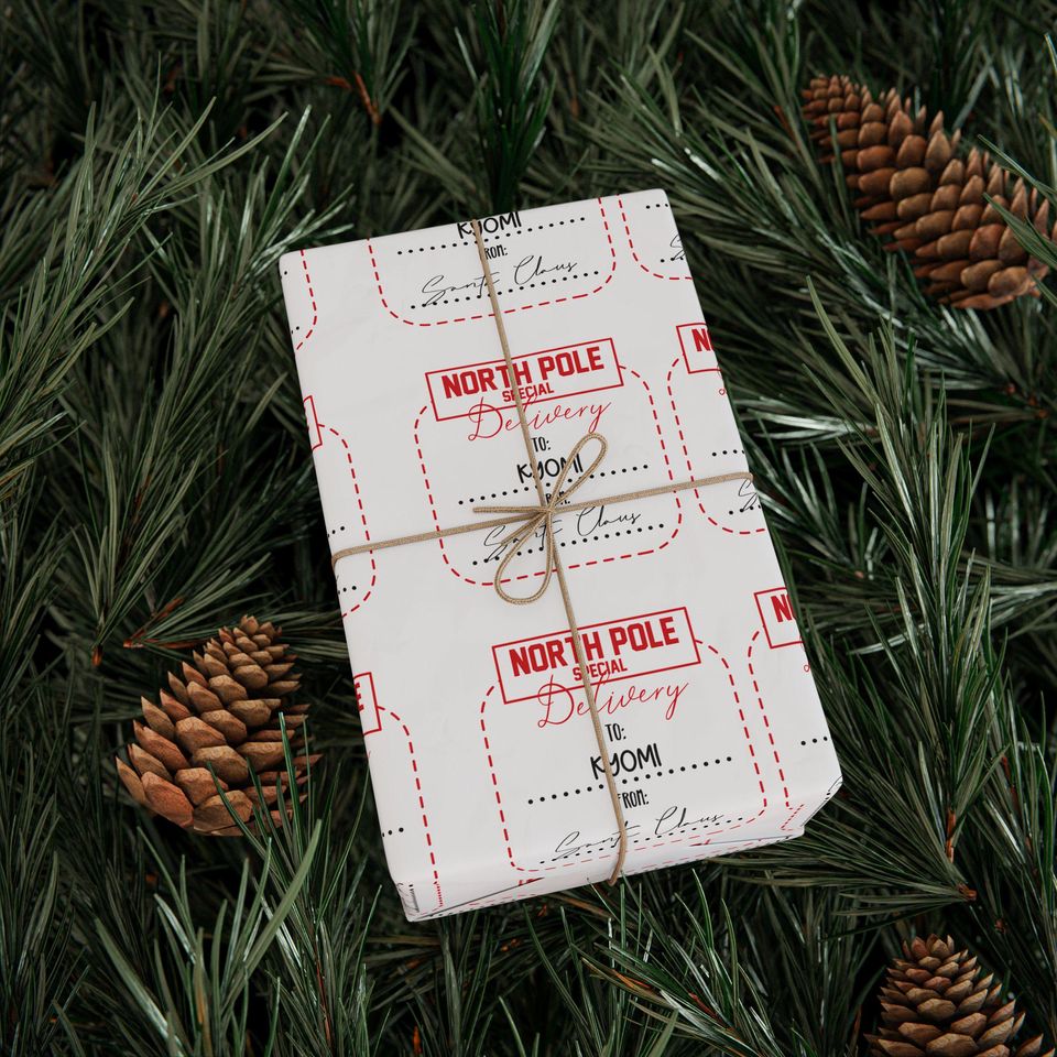 North Pole Shipping Label Wrapping Paper, Holiday Labels Pattern