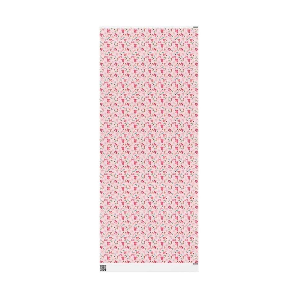 Pink Holiday Bows Wrapping Paper, Ribbon Pattern, Floral Sprigs