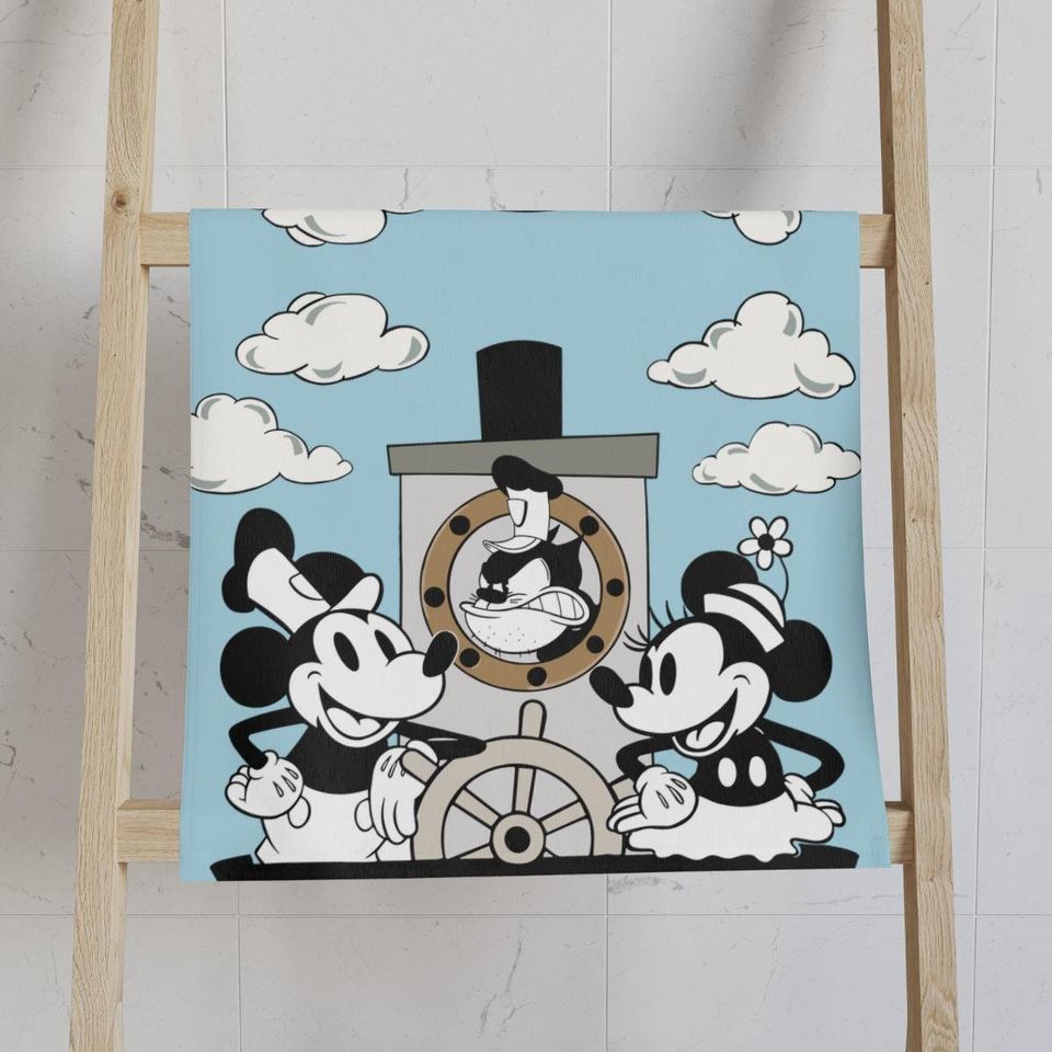 Light Blue Steamboat Willie Hand Towel, Polyester Cotton Blend, Kitchen and Bathroom Towels