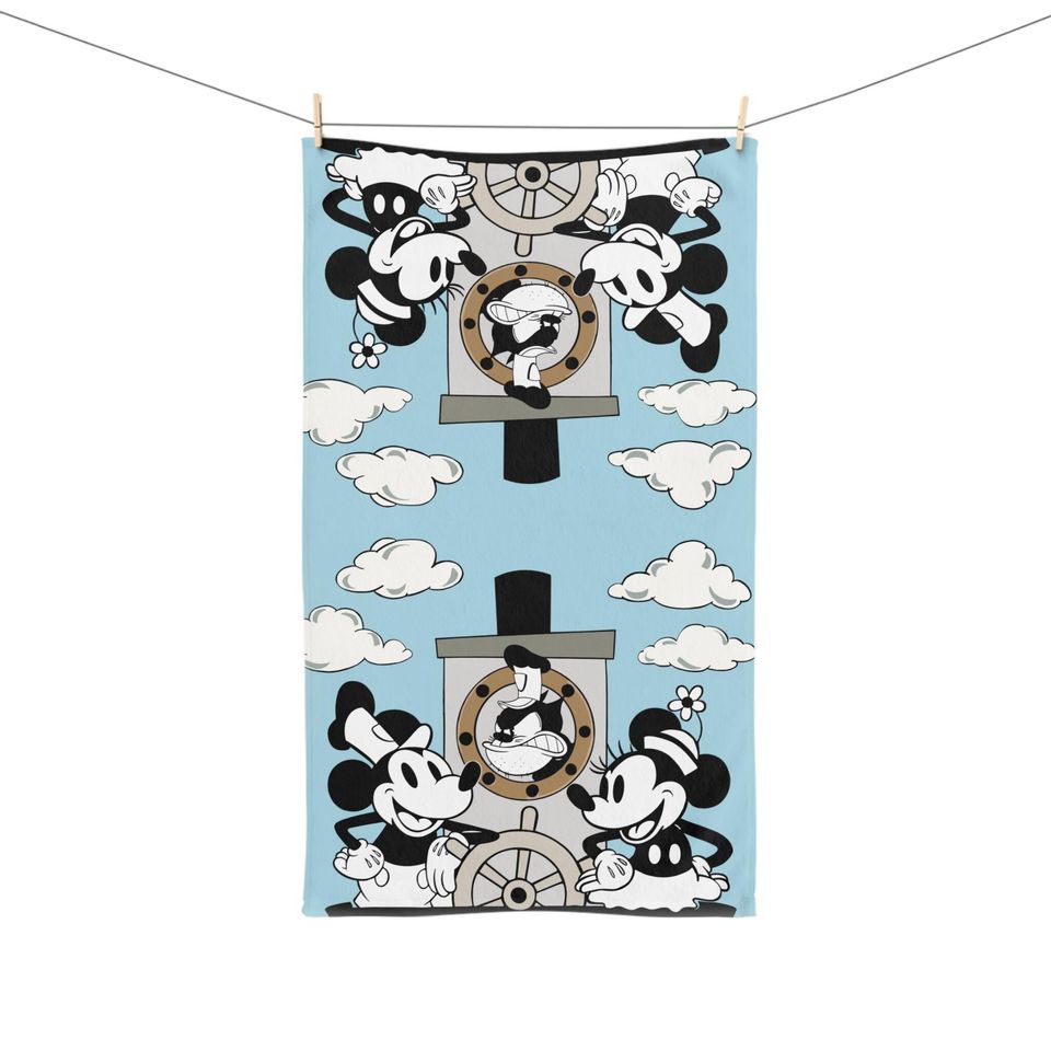 Light Blue Steamboat Willie Hand Towel, Polyester Cotton Blend, Kitchen and Bathroom Towels