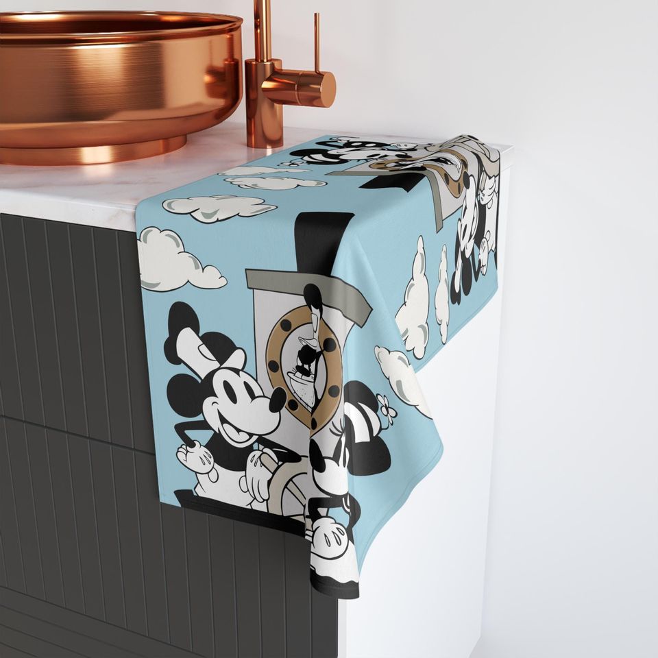 Light Blue Steamboat Willie Hand Towel, Polyester Cotton Blend, Kitchen and Bathroom Towels