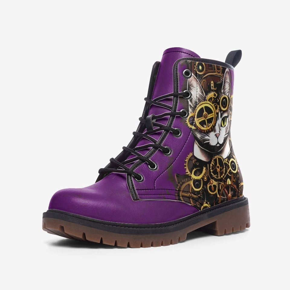 Steampunk Kitty Purple Leather Boots
