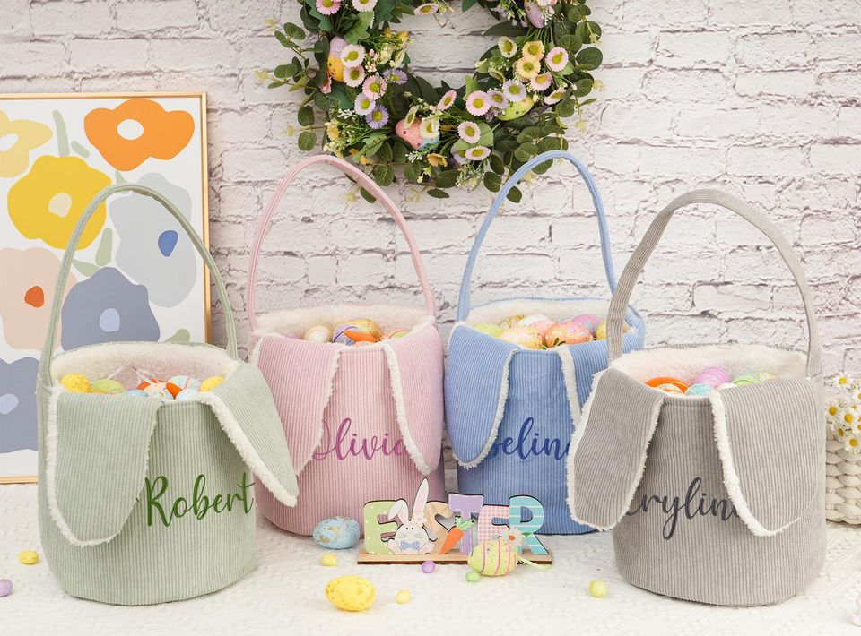 Embroidered Easter Basket,Personalized Easter Corduroy Basket,Kids Basket With Name,Easter Baskets Egg Hunt Bucket,Easter Basket For Kids