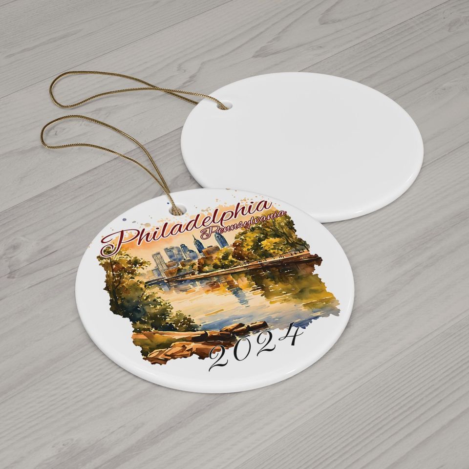 Custom Philadelphia Ornament, Personalized Ornament, Watercolor Cityscape, Philly PA Vacation Keepsake, Travel Souvenir