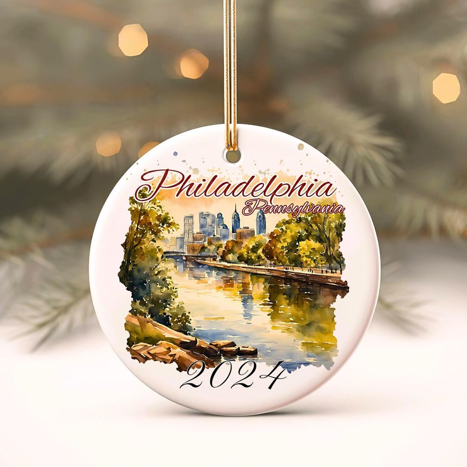 Custom Philadelphia Ornament, Personalized Ornament, Watercolor Cityscape, Philly PA Vacation Keepsake, Travel Souvenir