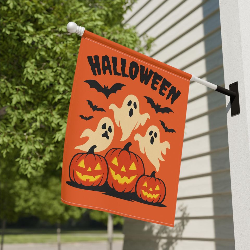 Outdoor Flag Halloween Ghosts Bats Jack-O-Lanterns Primitive Decor Scary Holiday, Spooky Garden House Banner Exterior Decoration