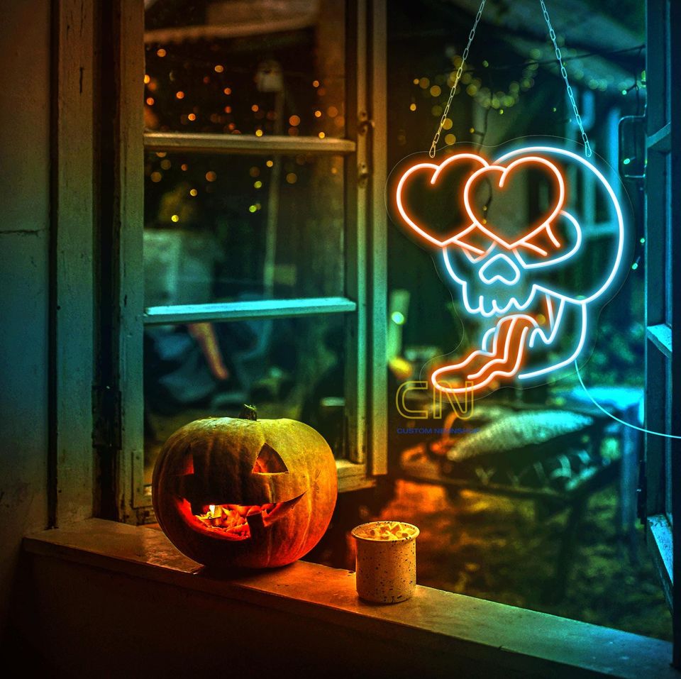 Skull Head Neon Sign, Skull With Heart Eyes, Funny Skull Halloween