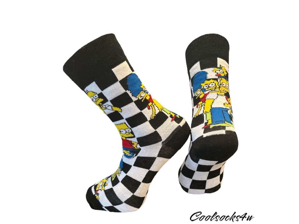 Simpsons Checkered Cartoon Character Cotton Crew Socks | Novelty, Fun and Cute |