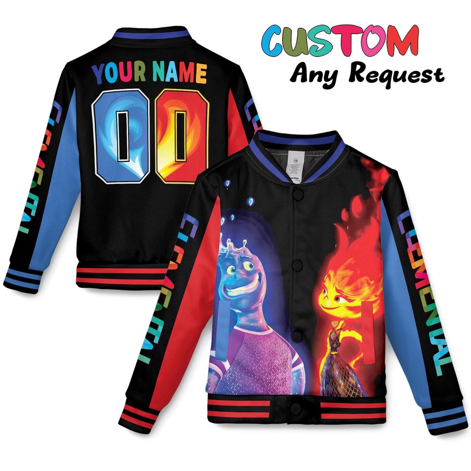 Custom Disney Pixar Elemental Varsity Jacket, Personalized Disney Baseball Jacket