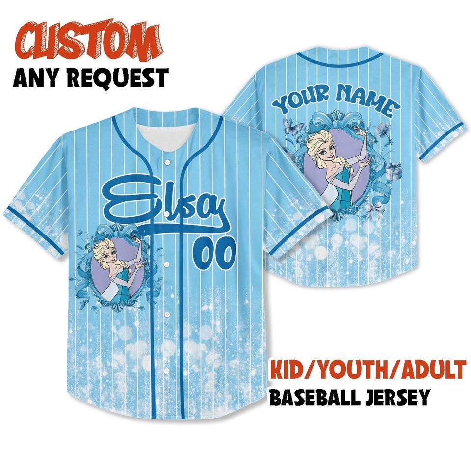 Custom Printed Glitter Conquette Elsa Baseball Jersey, Personalized Name&Number, Disneyland Family Shirt, Birthday Gift, Gift for her