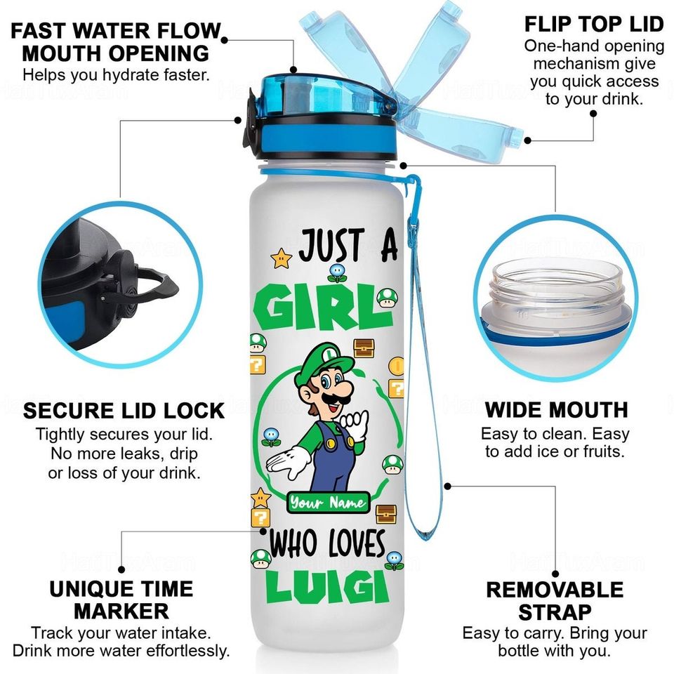 Luigi Water Bottle Tracker, Custom Luigi Water Bottle, Super Mario Bottle, Mario And Luigi, Mario Drink Bottle, Princess Peach