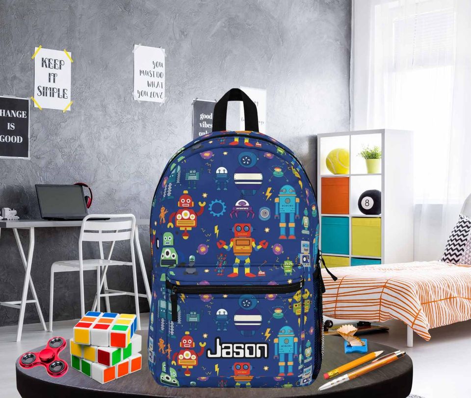 Robot Backpack, Personalized Boys Book Bag, Robot Lover gift, for son, grandson or nephew, Waterproof back to school knapsack