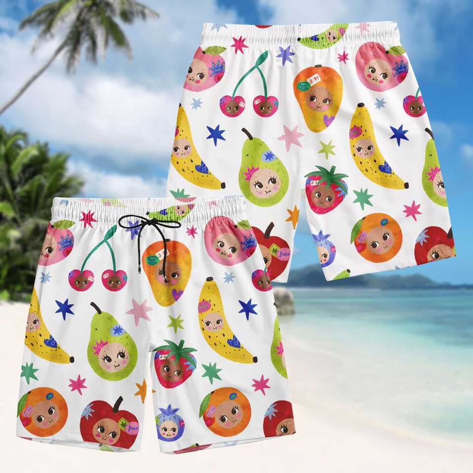 Kawaii Fruit Hawaiian Shirt, Cute Pattern Button Shirt, Colorful Men Shorts, Beach Outfit, Gift For Him