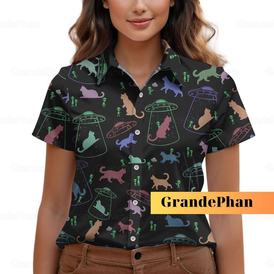 Alien Cat Button Shirt, Alien Cat Ufo Summer Shirt, Alien Button Up Shirt