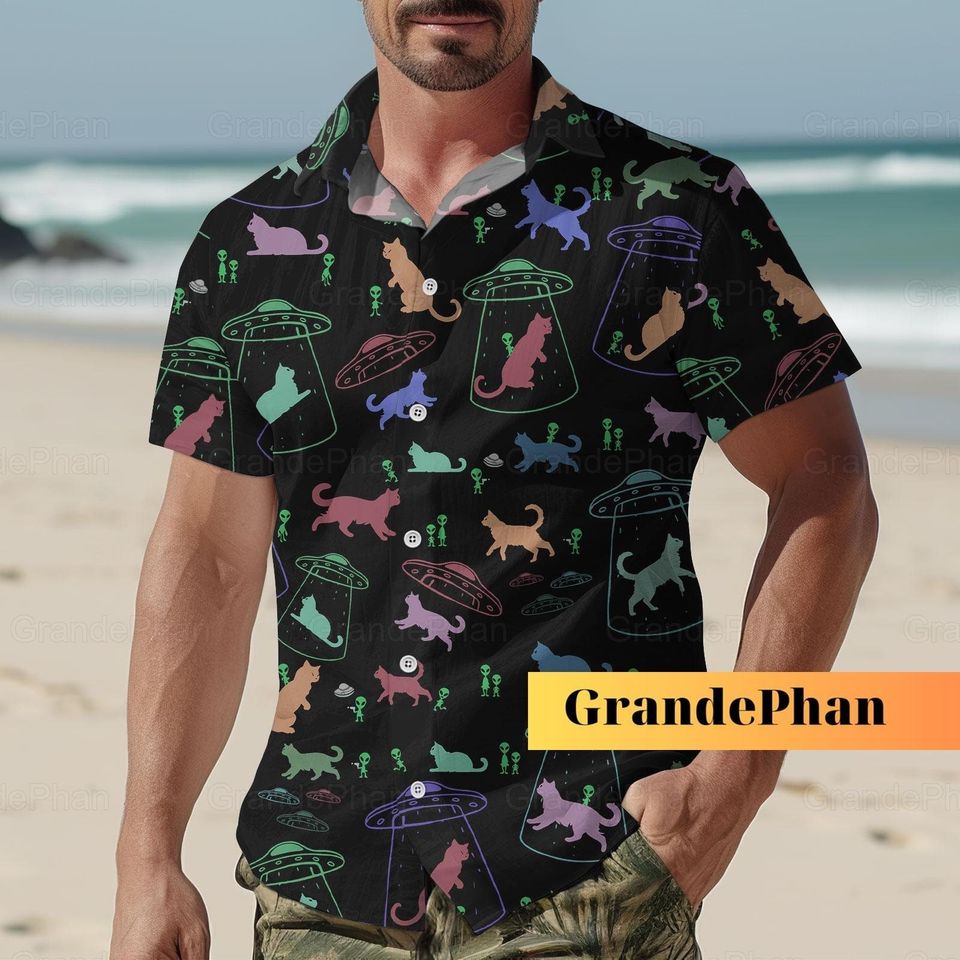 Alien Cat Button Shirt, Alien Cat Ufo Summer Shirt, Alien Button Up Shirt