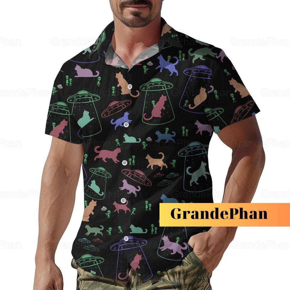 Alien Cat Button Shirt, Alien Cat Ufo Summer Shirt, Alien Button Up Shirt